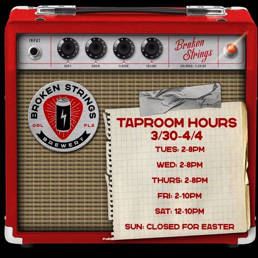 Updated hours for the holiday week, we are also now open on Tuesdays!!! Broken Strings Brewery