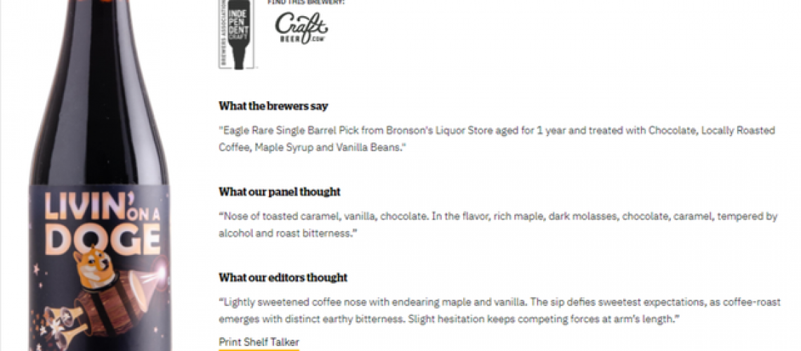 Nice surprise to see our Livin’ on a Doge BBA Stout was reviewed and published i